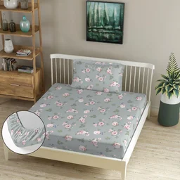 Morado MORADO Premium Glace Cotton Single Fitted Bedsheet With 1 King Size Pillow Cover (36x72x8 Inches)-Grey - 36x72x8 inches