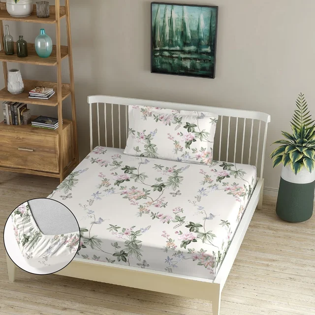 Morado MORADO Premium Glace Cotton Single Fitted Bedsheet With 1 King Size Pillow Cover (36x72x8 Inches)-White - 36x72x8 inches