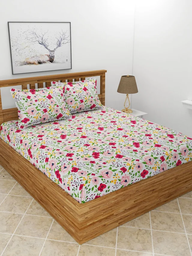 MORADO Premium Glace Cotton Double Bedsheet with 2 King Size Pillow Covers (90x100 Inches)
