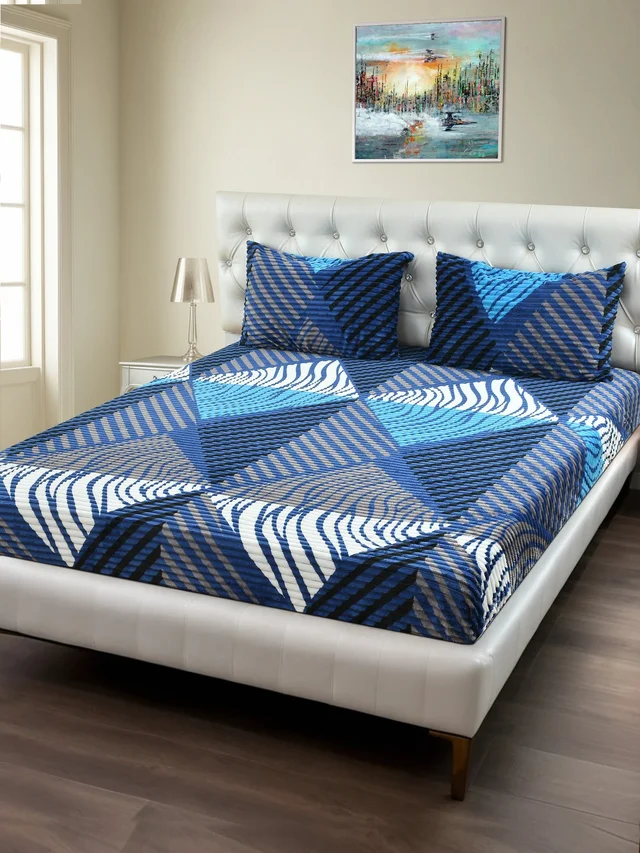 MORADO 190 GSM Flannel Super Soft Warm Elastic Fitted Double Bed Bedsheet with 2 Pillow Covers for Winters - 72x78x8 Inches, Blue - Blue