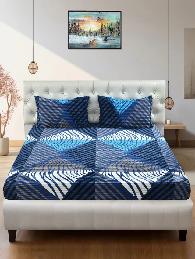 MORADO 190 GSM Flannel Super Soft Warm Elastic Fitted Double Bed Bedsheet with 2 Pillow Covers for Winters - 72x78x8 Inches, Blue - Blue