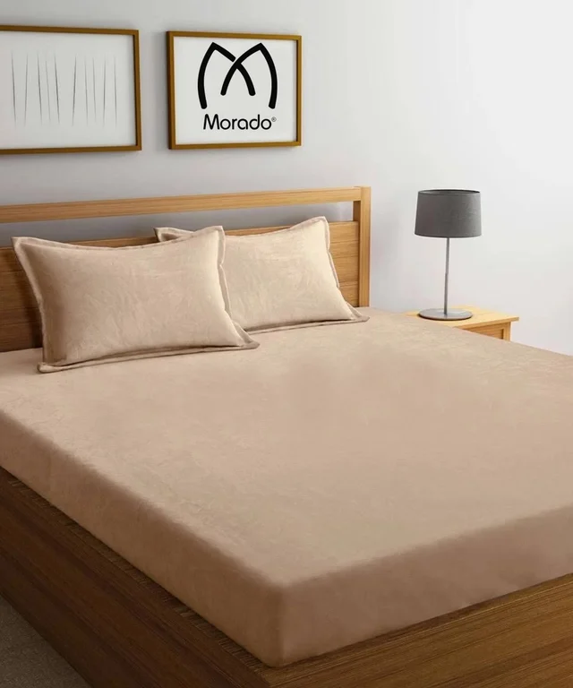 MORADO 190 GSM Flannel Super Soft Warm Elastic Fitted Single Bed Bedsheet with 1 Pillow Covers for Winters - 36x72x8 Inches, Camel - Camel