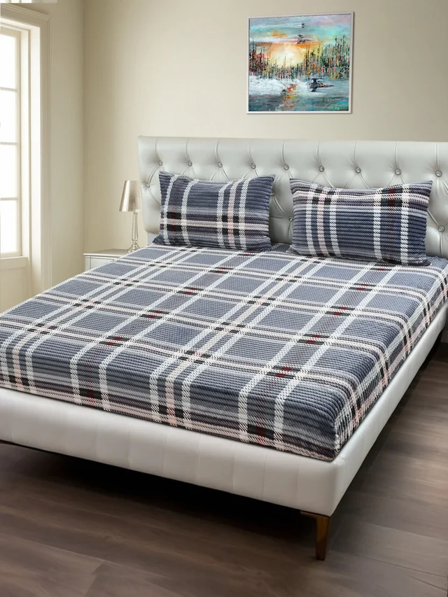 MORADO 190 GSM Flannel Super Soft Warm Elastic Fitted Double Bed Bedsheet with 2 Pillow Covers for Winters - 72x78x8 Inches, Bright Grey - Bright Grey