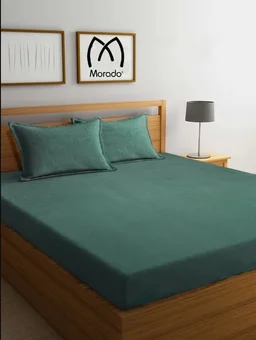 MORADO 190 GSM Flannel Super Soft Warm Elastic Fitted Double Bed Bedsheet with 2 Pillow Covers for Winters - 72x78x8 Inches, Olive Green - Olive Green