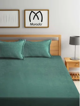 MORADO 190 GSM Flannel Super Soft Warm Elastic Fitted Double Bed Bedsheet with 2 Pillow Covers for Winters - 72x78x8 Inches, Olive Green - Olive Green