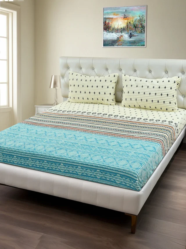 MORADO 190 GSM Flannel Super Soft Warm Elastic Fitted Double Bed Bedsheet with 2 Pillow Covers for Winters - 72x78x8 Inches, Sea Green - Sea Green