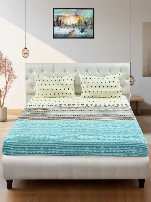 MORADO 190 GSM Flannel Super Soft Warm Elastic Fitted Double Bed Bedsheet with 2 Pillow Covers for Winters - 72x78x8 Inches, Sea Green - Sea Green
