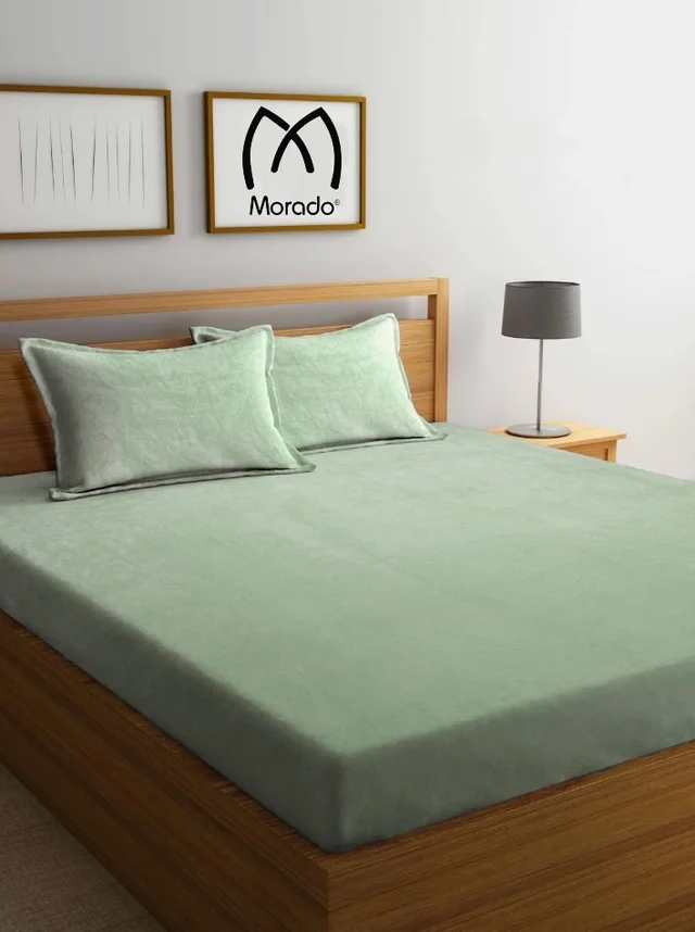 MORADO 190 GSM Flannel Super Soft Warm Elastic Fitted Double Bed Bedsheet with 2 Pillow Covers for Winters - 72x78x8 Inches, Sea Green - Sea Green