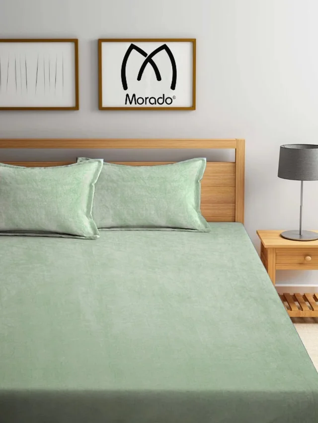 MORADO 190 GSM Flannel Super Soft Warm Elastic Fitted Double Bed Bedsheet with 2 Pillow Covers for Winters - 72x78x8 Inches, Sea Green - Sea Green