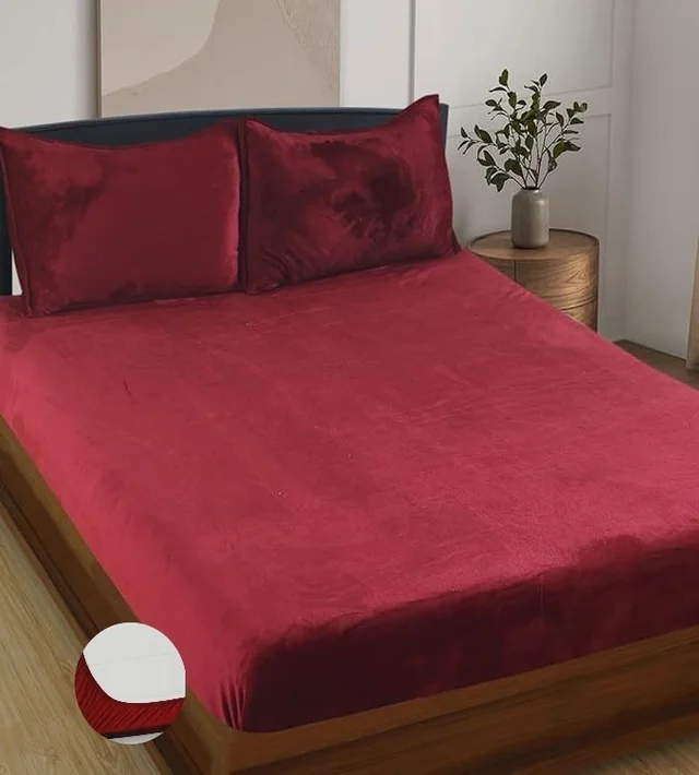 MORADO 190 GSM Flannel Super Soft Warm Elastic Fitted Double Bed Bedsheet with 2 Pillow Covers for Winters - 72x78x8 Inches, Vintage Maroon - Vintage Maroon