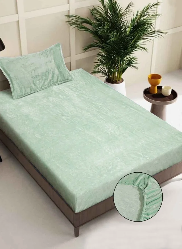 MORADO 190 GSM Flannel Super Soft Warm Elastic Fitted Single Bed Bedsheet with 1 Pillow Covers for Winters - 36x72x8 Inches, Sea Green - Sea Green