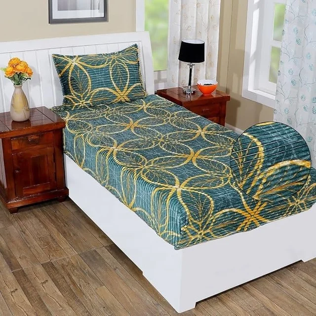 MORADO 190 GSM Flannel Super Soft Warm Elastic Fitted Single Bed Bedsheet with 1 Pillow Covers for Winters - 36x72x8 Inches, Teal - Teal
