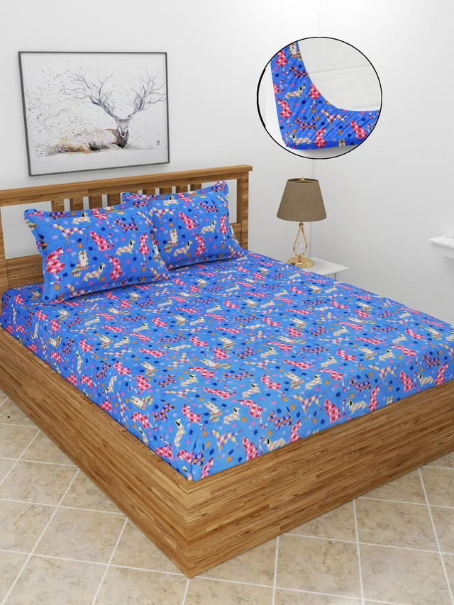 MORADO 190 GSM Flannel Super Soft Warm Elastic Fitted Double Bed Cartoon Print Bedsheet with 2 Pillow Covers for Winters - 72x78x8 Inches, Blue - Blue