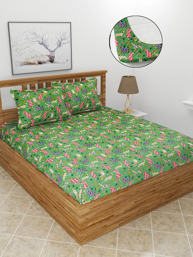 MORADO 190 GSM Flannel Super Soft Warm Elastic Fitted Double Bed Cartoon Print Bedsheet with 2 Pillow Covers for Winters - 72x78x8 Inches, Green - Green