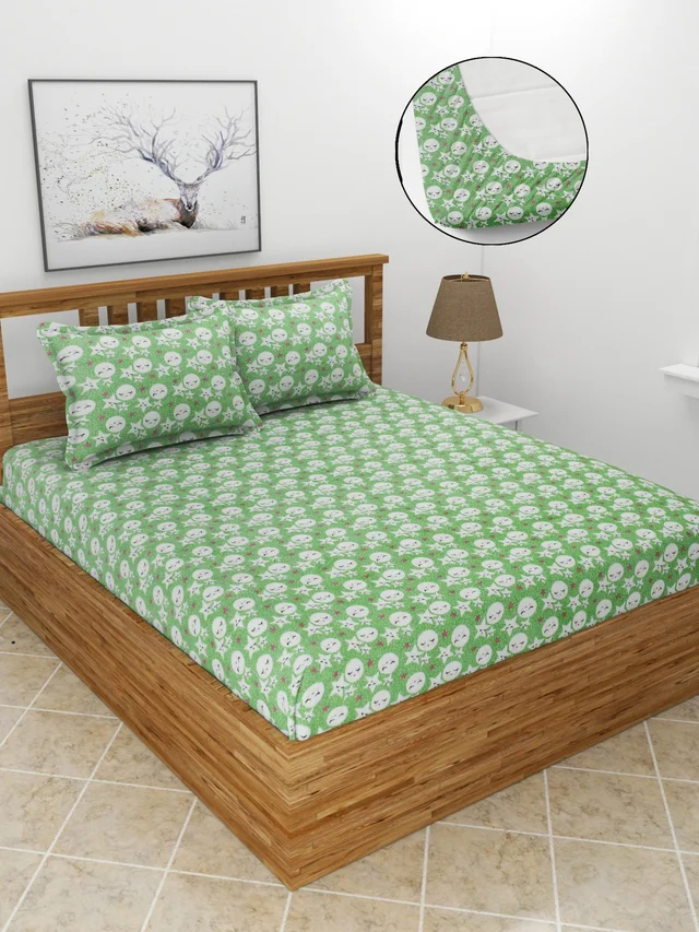 MORADO 190 GSM Flannel Super Soft Warm Elastic Fitted Double Bed Cartoon Print Bedsheet with 2 Pillow Covers for Winters - 72x78x8 Inches, Light Green - Light Green