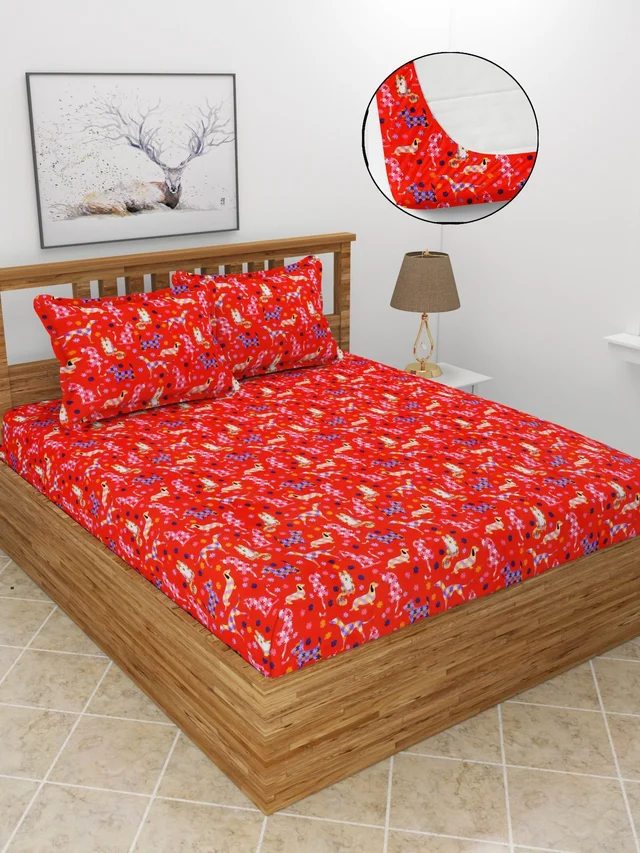 MORADO 190 GSM Flannel Super Soft Warm Elastic Fitted Double Bed Cartoon Print Bedsheet with 2 Pillow Covers for Winters - 72x78x8 Inches, Multi Color - Multi colour