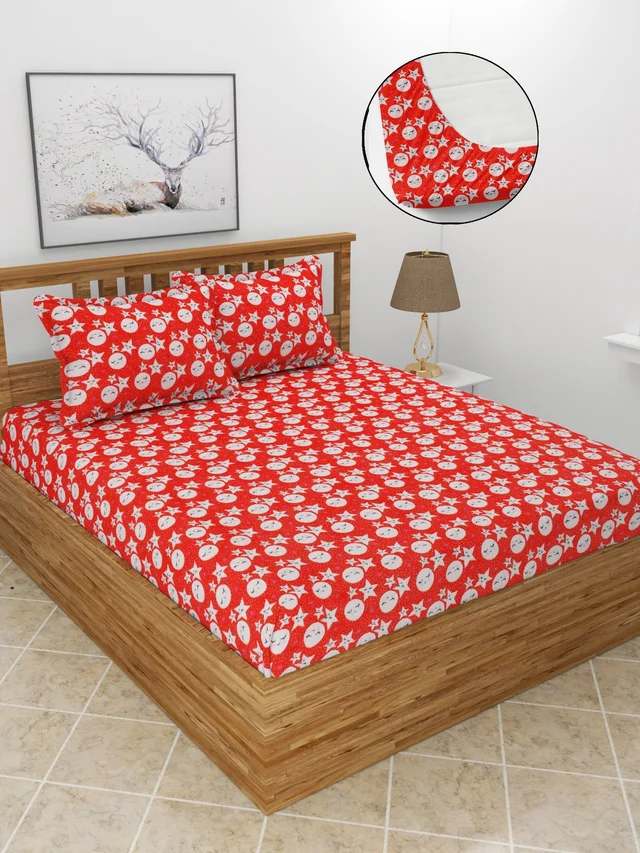 MORADO 190 GSM Flannel Super Soft Warm Elastic Fitted Double Bed Cartoon Print Bedsheet with 2 Pillow Covers for Winters - 72x78x8 Inches, Red - Red
