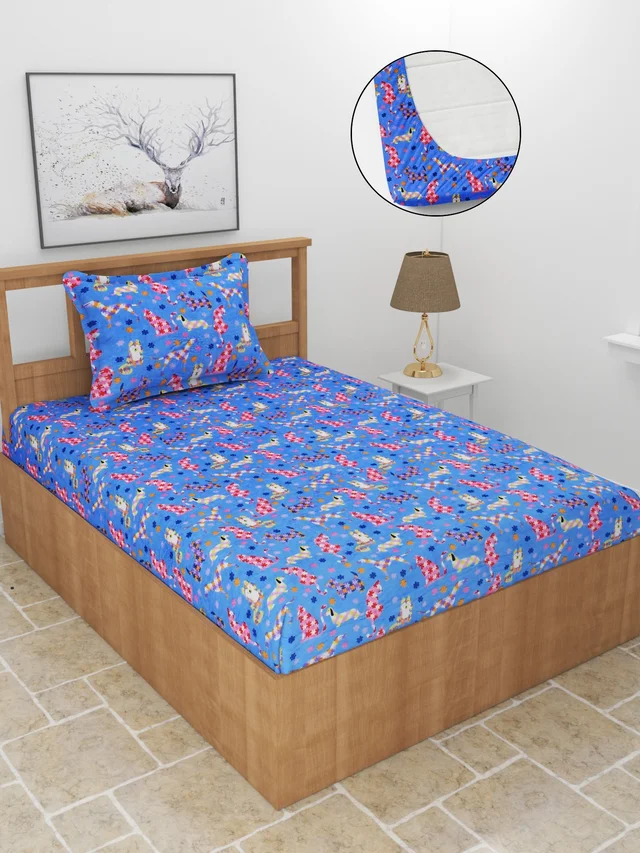MORADO 190 GSM Flannel Super Soft Warm Elastic Fitted Single Bed Cartoon Print Bedsheet with 1 Pillow Covers for Winters - 36x72x8 Inches, Blue - Blue