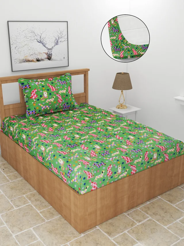 MORADO 190 GSM Flannel Super Soft Warm Elastic Fitted Single Bed Cartoon Print Bedsheet with 1 Pillow Covers for Winters - 36x72x8 Inches, Green - Green