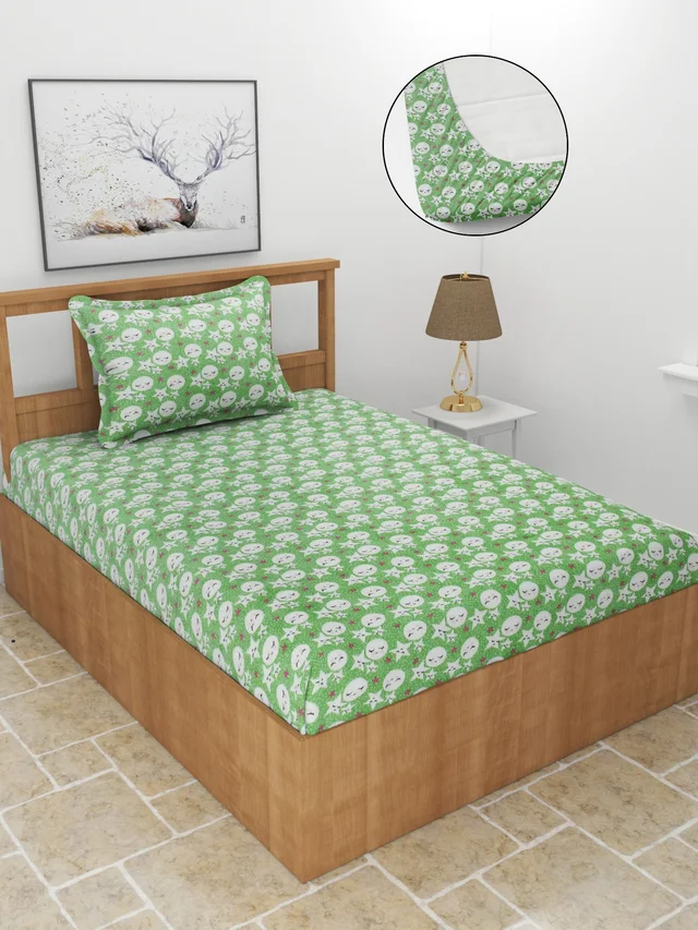 MORADO 190 GSM Flannel Super Soft Warm Elastic Fitted Single Bed Cartoon Print Bedsheet with 1 Pillow Covers for Winters - 36x72x8 Inches, Light Green - Light Green
