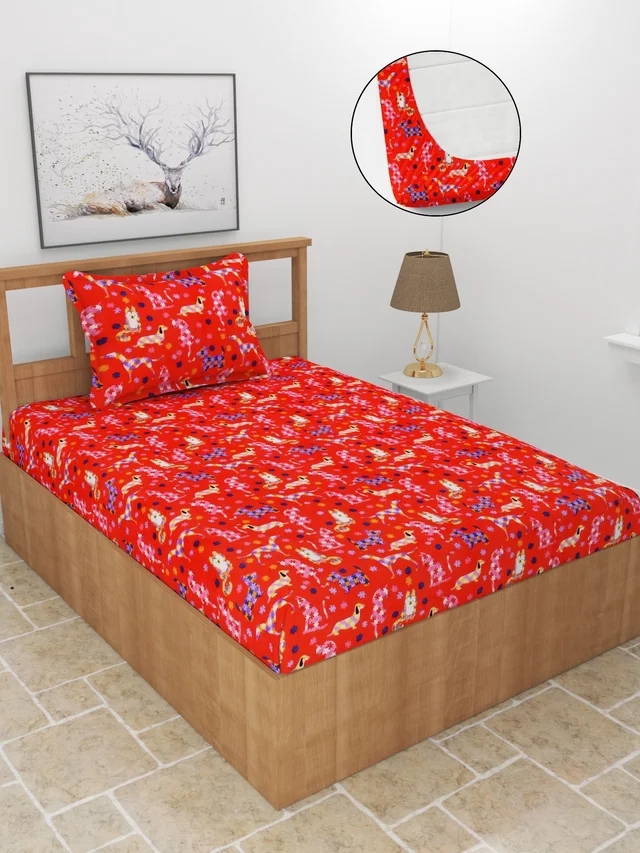 MORADO 190 GSM Flannel Super Soft Warm Elastic Fitted Single Bed Cartoon Print Bedsheet with 1 Pillow Covers for Winters - 36x72x8 Inches, Multi Color - Multi colour