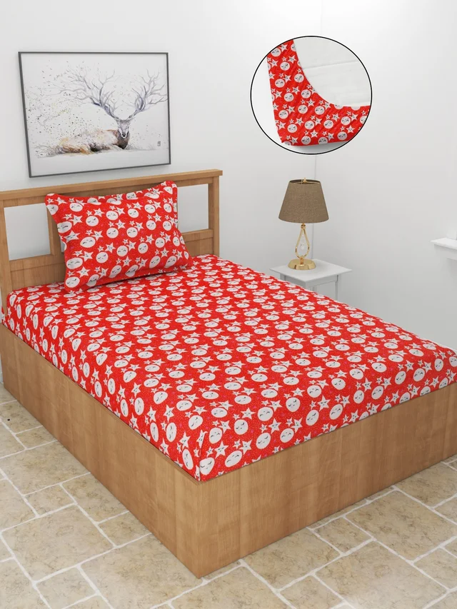 MORADO 190 GSM Flannel Super Soft Warm Elastic Fitted Single Bed Cartoon Print Bedsheet with 1 Pillow Covers for Winters - 36x72x8 Inches, Red - Red