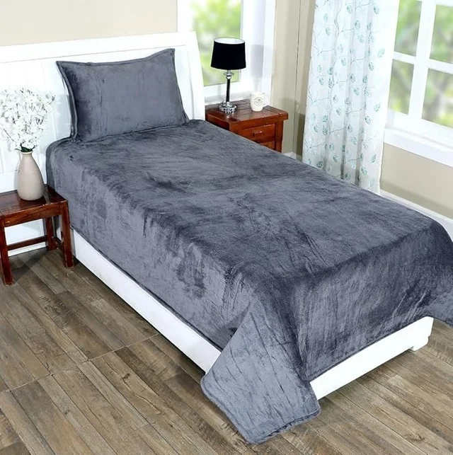 MORADO 190 GSM Flannel Super Soft Warm Single Bed Bedsheet with 1 Pillow Covers for Winters - 60x90 Inches, Cadet Grey - Cadet Grey