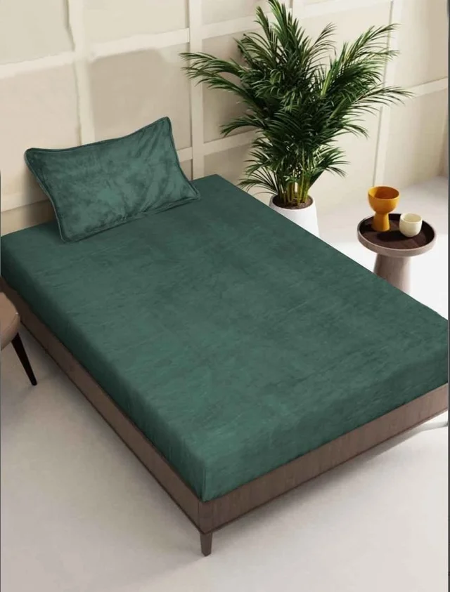 MORADO 190 GSM Flannel Super Soft Warm Elastic Fitted Single Bed Bedsheet with 1 Pillow Covers for Winters - 36x72x8 Inches, Olive Green - Olive Green