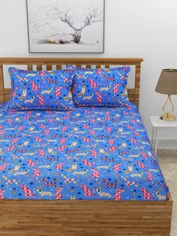 MORADO 190 GSM Flannel Super Soft Warm Elastic Fitted Double Bed Cartoon Print Bedsheet with 2 Pillow Covers for Winters - 72x78x8 Inches, Blue - Blue