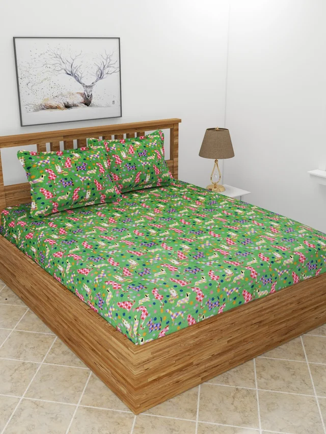 MORADO 190 GSM Flannel Super Soft Warm Double Bed Cartoon Print Bedsheet with 2 Pillow Covers for Winters - 90x100 Inches, Green - Green