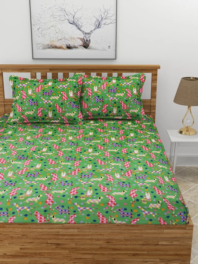 MORADO 190 GSM Flannel Super Soft Warm Elastic Fitted Double Bed Cartoon Print Bedsheet with 2 Pillow Covers for Winters - 72x78x8 Inches, Green - Green