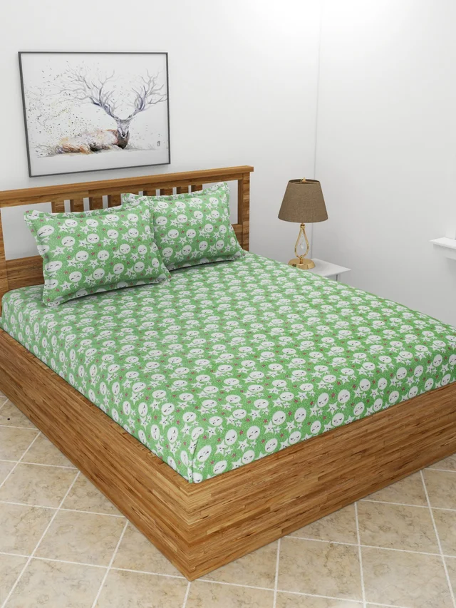 MORADO 190 GSM Flannel Super Soft Warm Double Bed Cartoon Print Bedsheet with 2 Pillow Covers for Winters - 90x100 Inches, Light Green - Light Green