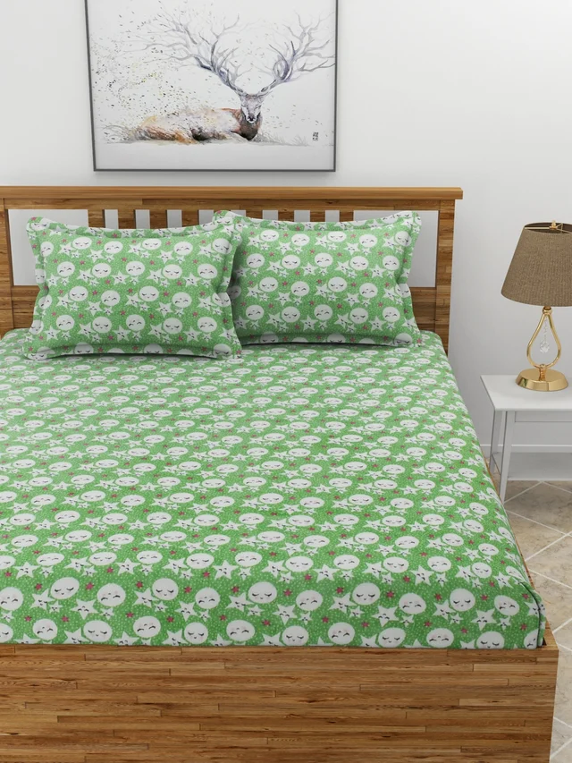 MORADO 190 GSM Flannel Super Soft Warm Double Bed Cartoon Print Bedsheet with 2 Pillow Covers for Winters - 90x100 Inches, Light Green - Light Green