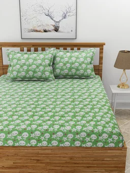 MORADO 190 GSM Flannel Super Soft Warm Elastic Fitted Double Bed Cartoon Print Bedsheet with 2 Pillow Covers for Winters - 72x78x8 Inches, Light Green - Light Green
