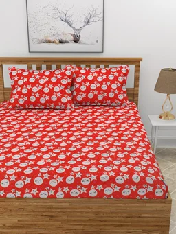 MORADO 190 GSM Flannel Super Soft Warm Elastic Fitted Double Bed Cartoon Print Bedsheet with 2 Pillow Covers for Winters - 72x78x8 Inches, Red - Red