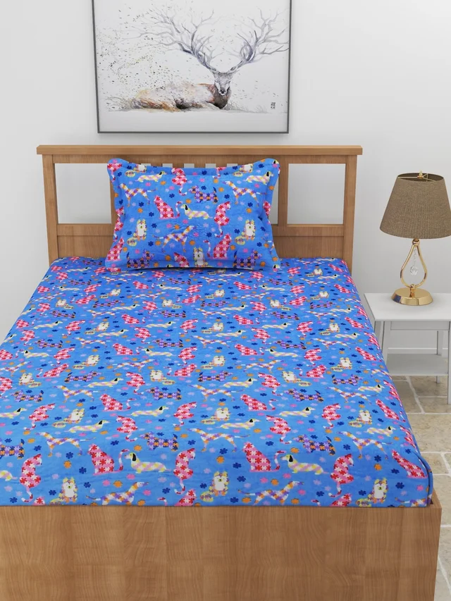 MORADO 190 GSM Flannel Super Soft Warm Elastic Fitted Single Bed Cartoon Print Bedsheet with 1 Pillow Covers for Winters - 36x72x8 Inches, Blue - Blue