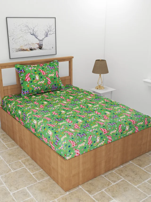 MORADO 190 GSM Flannel Super Soft Warm Single Bed Cartoon Print Bedsheet with 1 Pillow Covers for Winters - 60x90 Inches,Green - Green