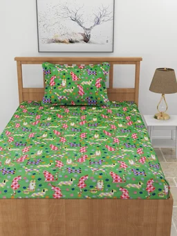MORADO 190 GSM Flannel Super Soft Warm Elastic Fitted Single Bed Cartoon Print Bedsheet with 1 Pillow Covers for Winters - 36x72x8 Inches, Green - Green