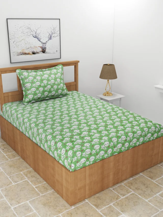 MORADO 190 GSM Flannel Super Soft Warm Single Bed Cartoon Print Bedsheet with 1 Pillow Covers for Winters - 60x90 Inches, Light Green - Light Green