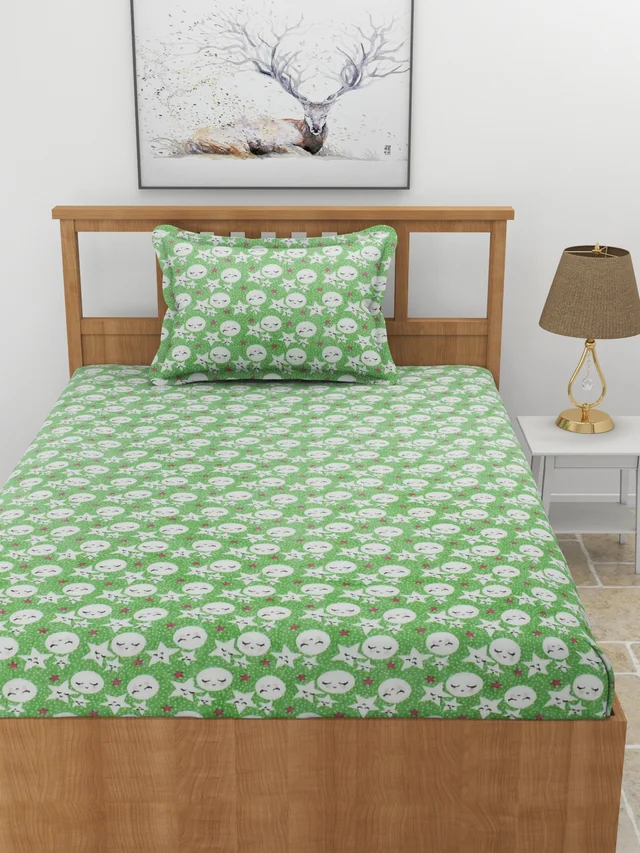 MORADO 190 GSM Flannel Super Soft Warm Elastic Fitted Single Bed Cartoon Print Bedsheet with 1 Pillow Covers for Winters - 36x72x8 Inches, Light Green - Light Green