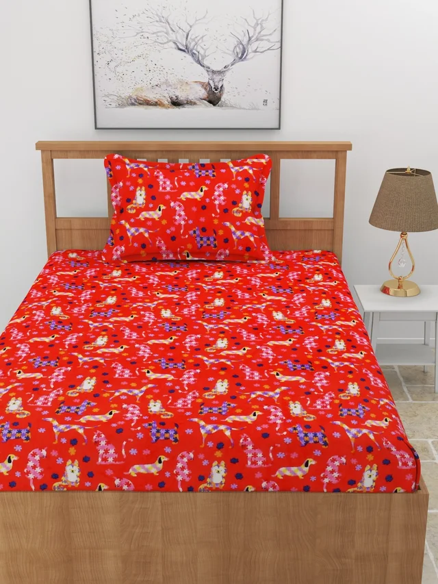 MORADO 190 GSM Flannel Super Soft Warm Elastic Fitted Single Bed Cartoon Print Bedsheet with 1 Pillow Covers for Winters - 36x72x8 Inches, Multi Color - Multi colour