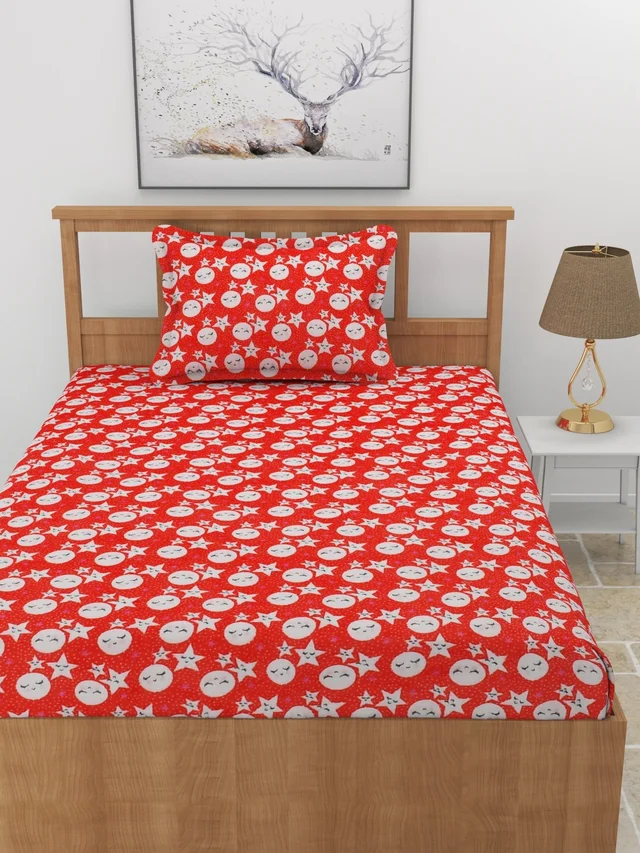 MORADO 190 GSM Flannel Super Soft Warm Single Bed Cartoon Print Bedsheet with 1 Pillow Covers for Winters - 60x90 Inches, Red - Red