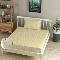 MORADO Premium Glace Cotton Stripe Single Fitted Bedsheet With 1 Pillow Cover for Home/Hotels/Guest House (36x72x8 Inches)-Beige