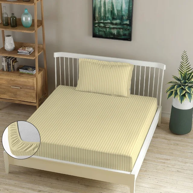 MORADO Premium Glace Cotton Stripe Single Fitted Bedsheet With 1 Pillow Cover for Home/Hotels/Guest House (36x72x8 Inches)-Beige
