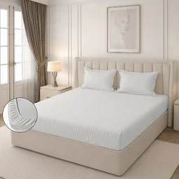 MORADO Premium Glace Cotton Stripe Double Fitted Bedsheet With 2 Pillow Covers for Home/Hotels/Guest House (72x78x8) Inches-Ivory
