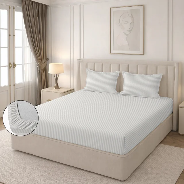 MORADO Premium Glace Cotton Stripe Double Fitted Bedsheet With 2 Pillow Covers for Home/Hotels/Guest House (72x78x8) Inches-Ivory