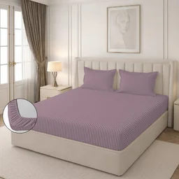 MORADO Premium Glace Cotton Stripe Double Fitted Bedsheet With 2 Pillow Covers for Home/Hotels/Guest House (72x78x8) Inches-Mauve
