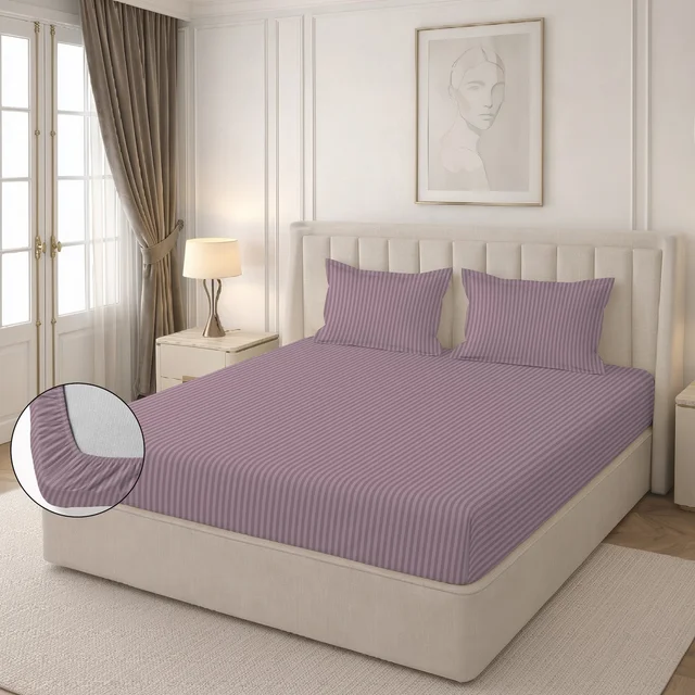 MORADO Premium Glace Cotton Stripe Double Fitted Bedsheet With 2 Pillow Covers for Home/Hotels/Guest House (72x78x8) Inches-Mauve