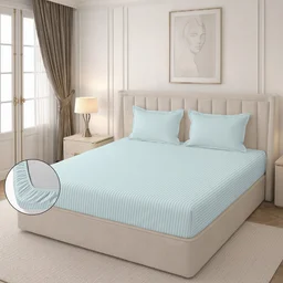 MORADO Premium Glace Cotton Stripe Double Fitted Bedsheet With 2 Pillow Covers for Home/Hotels/Guest House (72x78x8) Inches-Lightgrey