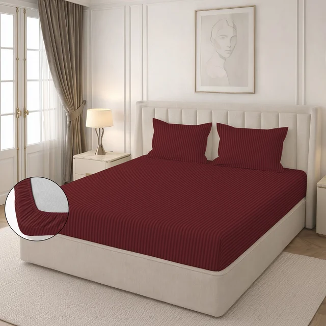 MORADO Premium Glace Cotton Stripe Double Fitted Bedsheet With 2 Pillow Covers for Home/Hotels/Guest House (72x78x8) Inches-Maroon